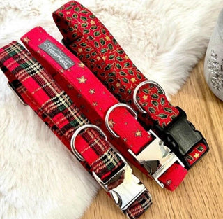 Christmas dog collar tartan, Christmas dog collar Holly, Christmas dog collar stars gold red, Christmas puppy collar tartan red