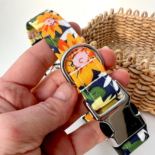 Spring Orange Floral Dog Collar Handmade, Fabric Green and Orange Daisies Dog Collar, Adjustable Designer Dog Collar Spring, Optional Lead
