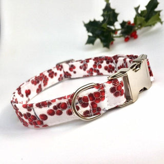 Christmas Red Frosted Berries Designer Dog Collar, Christmas Red and Silver Metallic Dog Collar, Festive Red Puppy Collar