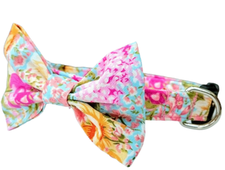 Flowery Pink and Blue Handcrafted Dog Bow tie and collar