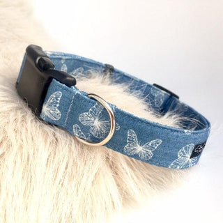Washed Denim Butterfly Dog Collar 3 - Hippytails