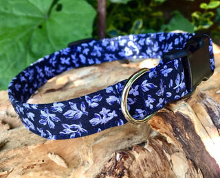 Lilac Leaves on Navy Blue Dog Collar 5 - Hippytails